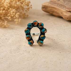 Wholesale Handmade 925 Sterling Silver Horseshoe Spiny Oyster Copper Turquoise <b>Statement</b> <b>Ring</b> Boho Vintage Opaque Gemstone - Product Image 6