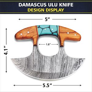 มีดหั่นผักทำมือ ดามัสกัส อูลู คัตเตอร์พิซซ่า สำหรับใช้ในครัว ขายส่ง รับทำโลโก้ บีทูบี ด้ามไม้ ดรอปชิปปิ้ง - Product Image 3