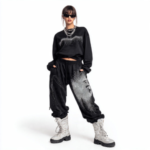 Pantalones de chándal OEM con cordón en la cintura y pedrería para mujer, de forro polar grueso para invierno, estilo pijama, oversize - Product Image 1