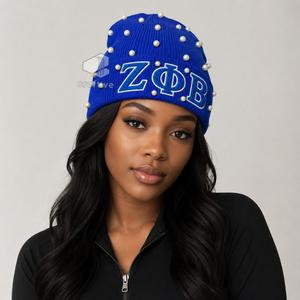 Gorro de Punto Azul con Perlas para Mujer de la Hermandad Zeta Phi Beta, Gorro Casual de Invierno con Letras Griegas Bordadas en Chenilla - Product Image 6