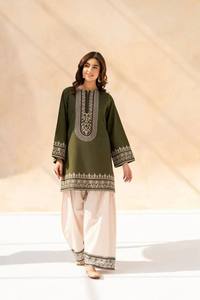 <b>Green</b> Embroidered Cotton Salwar Suit With White Dupatta Traditional Indian Pakistani Wear Loose Fit Ankle Length Women's Dress - Product Image 2