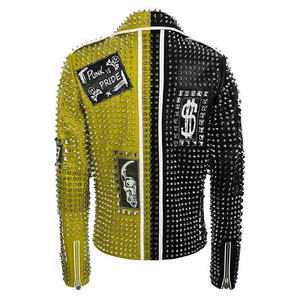 แจ็กเก็ตแฟชั่นร็อคแนวพังค์มีซิปสำหรับผู้ชายแจ็คเก็ตหนังวัวแต่งกระดุมสีเงิน - Product Image 2