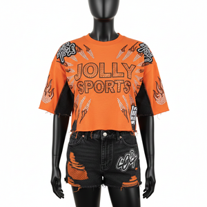 T-shirt court pour femme en jersey de coton premium avec empiècements en maille, logo personnalisé par transfert thermique, respirant - Product Image 6
