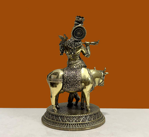 Traditional Brass Krishna Playing Flute <b>Statue</b> Cow Handmade Religious Figurine Nirmala Handicrafts Rajasthan for Home - Product Image 2