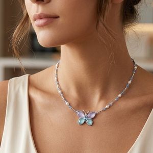 Elegant Brass <b>Choker</b> with Crystal Butterfly, Beaded Pearl Necklace for Women Trendy Summer Jewelry - Product Image 5