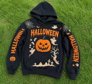 Sudadera con Capucha Personalizada de Halloween con Estampado Puff para Hombre y Mujer, Sudadera de Algodón Negro con Diseño de Calabaza, Fantasma, Murciélago y Araña - Product Image 6