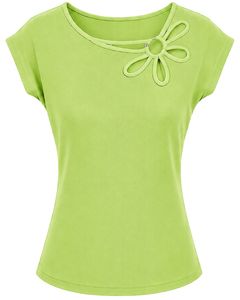 Blusa Casual de Verano para Mujer, Color Verde Lima, Personalizada, con Diseño Elegante de Cuello Floral, Manga Corta, Corte Holgado, para Uso Diario - Product Image 1