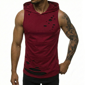 Wholesale Price Custom Men's <b>Distressed</b> Sleeveless Hoodie Layered Ripped Gym Muscle Tee Workout Casual Wear Vest OEM Tank <b>Tops</b> - Product Image 5
