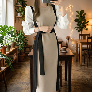 Robe pull tricotée pour femme, couleur contrastée, ceinturée, mi-longue, manches longues, col rond, robe de bureau pour l'automne - Product Image 5