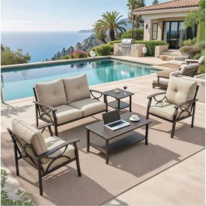 Set di Mobili da Giardino in Metallo per Tutte le Stagioni, 5 Pezzi, Telaio Color Kaki con Cuscini Beige, Divano da Conversazione Spesso 4 Pollici, 4 Posti - Product Image 1