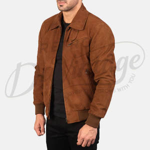 Chaqueta Bomber de Gamuza Genuina Color Cognac Marrón para Hombre, con Cuello Camisero Clásico, Bolsillo con Cremallera en el Pecho y Ribete Acanalado - Product Image 5