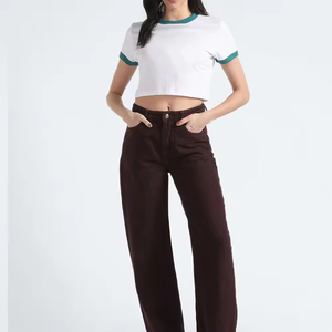Wholesale Women's <b>White</b> <b>Cropped</b> <b>T</b>-<b>Shirt</b> With Teal Trim Crew Neck Short Sleeve Regular Fit Casual Solid Color 100% Cotton Jersey - Product Image 4