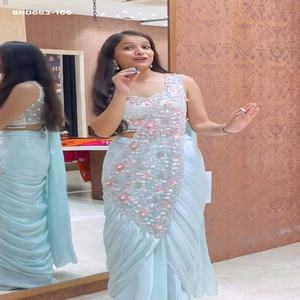 Nouvelle variété tendance de sari et de chemisier en soie Rangoli de créateur, avec broderies et perles, prêt à porter. Exportateur mondial. - Product Image 1