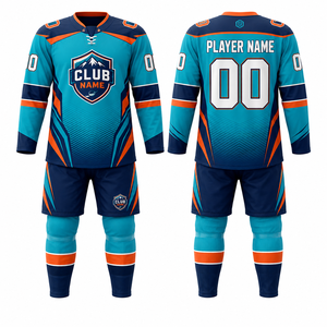 Ensemble de maillots de hockey personnalisés MEGAMAPLE, vêtements de sport pour hommes, bleu marine, orange, impression par transfert thermique, toutes saisons, 100% polyester, fait main - Product Image 1