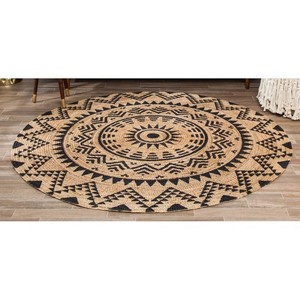 Alfombra Redonda de Yute Natural con Patrón Geométrico, Estilo Bohemio, Tejido Plano, Antideslizante, Decoración para Sala de Estar, Limpieza Localizada - Product Image 2