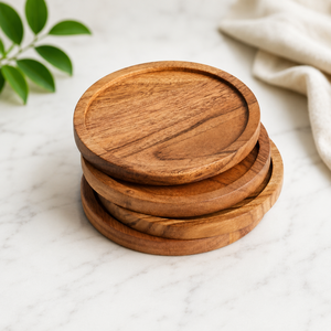 Wooden Round <b>Coaster</b> <b>Set</b> of 4 Heat Resistant Drink Mats Modern Table Protection Natural Wood Design High Selling - Product Image 3