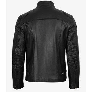 Blouson en cuir de vachette noir pour homme 2026, col montant, fermeture éclair, coupe ajustée, longueur standard, couleur unie, style motard, pour l'hiver - Product Image 2
