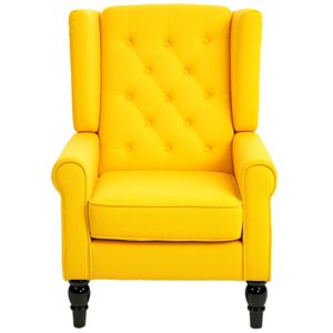 Poltrona Gialla con Schienale Alto per Soggiorno, Divano Trapuntato con Braccioli Rotondi e Gambe in Legno - Product Image 1