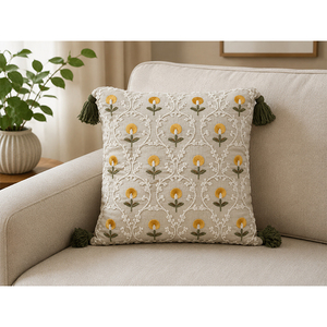 Premium 100% Linen Embroidered <b>Cushion</b> <b>Cover</b> | Floral Decorative Pillow <b>Cover</b> with Tassels - Product Image 2