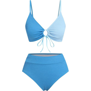 Conjunto de bikini de dos piezas con bloques de color para mujer, top halter y pantalón de cintura alta con textura de cristal y agujeros - Product Image 2