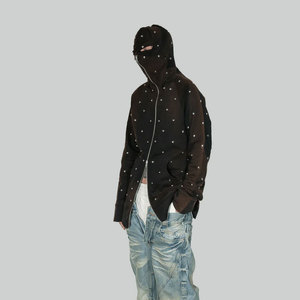 Sweat-shirt à capuche zippé noir pour homme avec strass, style streetwear oversize, motif masque, en coton tricoté pour l'hiver - Product Image 5