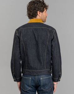 Chaqueta de Mezclilla Azul Oscuro para Hombre con Cuello de Pana Amarillo, Cierre de Botones, Corte Regular, Color Sólido, Estilo Casual de Otoño - Product Image 2