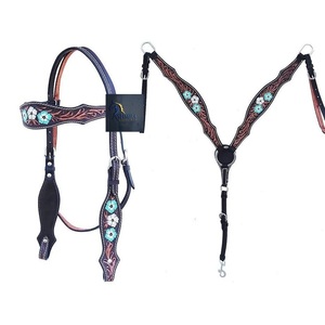 Western Black <b>Leather</b> Horse Headstall and Breast Collar Set with Turquoise Floral Inlay Tooled Tack Gear - Product Image 1