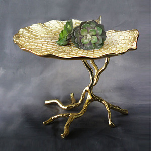 Luxurious Gold Lotus Leaf Cake Stand <b>Crafted</b> With A Textured Top And Unique Organic Branch Base For Stunning Dessert Displays - Product Image 2