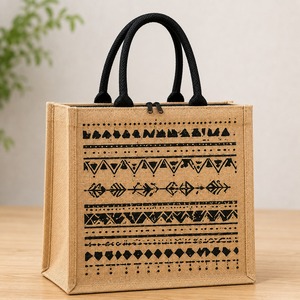 Custom Logo Medium <b>Jute</b> Tote <b>Bag</b> with Zipper Closure and Rope Handle-Eco-Friendly Reusable <b>Shopping</b> <b>Bag</b> - Product Image 1