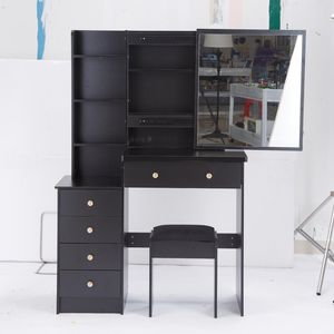 Tavolo da Trucco Extra Large da 37 Pollici con Specchio Scorrevole a Destra, Multistrato, Alta Capacità, con Sgabello Imbottito, Dimensioni Medie, Comodino Sinistro - Product Image 3