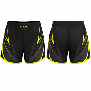 Pantalones cortos deportivos con estampado geométrico para mujer, color negro y amarillo, de secado rápido, cintura elástica, ajuste regular - Product Image 1