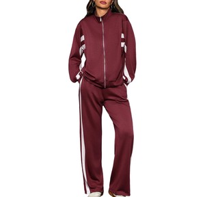Conjunto Deportivo para Mujer Color Granate, Manga Larga, Cierre Frontal, Pantalones Casuales con Bolsillos Laterales a Rayas, Corte Holgado, Transpirable, para Otoño - Product Image 1