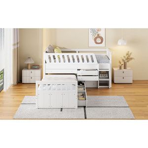 White L-Shaped Twin Loft and Platform <b>Bed</b> with 7 Drawers and Full Guardrails <b>Space</b>-<b>Saving</b> Wooden <b>Beds</b> - Product Image 4