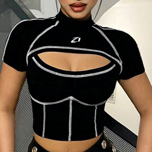 OEM Custom Women Mock Neck Cutout Crop <b>Top</b> Premium Stretch Performance Fashion Tee OEM Private Label Women's Shirts Manufacturer - Product Image 6