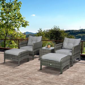 Set di 5 Sedie Lounge in Rattan Grigio per Esterni con Cuscini, Pouf e Tavolo in Vetro - Product Image 2