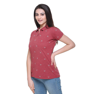 <b>Women's</b> Red Short Sleeve Polo Shirt With Geometric Print Casual Knitted Breathable <b>Top</b> - Product Image 3