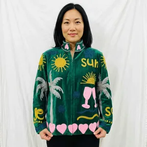 JacketVelvet Suzani Sujani Eco-Friendly Floral Pattern Ladies Reversible Bomber Varsity Jacket Summer Vacation Style <b>Quilted</b> - Product Image 4