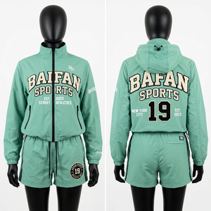 Ensemble coupe-vent pour femme, tissu Taslan en polyester léger de qualité supérieure 120 GSM, couleur turquoise, short à taille élastique, logo brodé personnalisé - Product Image 2