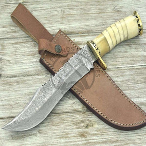 NEW FRIENDS INDUSTRIES NUEVA EDICIÓN Cuchillo Bowie de Acero de Damasco con Mango de Hueso, Punta de Caza, Cuchillo de Supervivencia, Hoja de Damasco de 9 pulgadas - Product Image 1