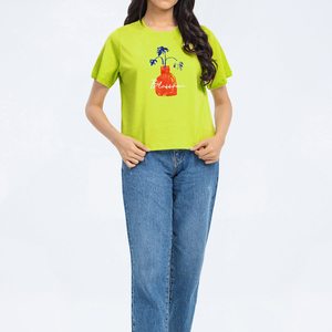 T-shirt imprimé graphique pour femme, col rond, coupe ample et confortable, 100 % coton, manches courtes, idéal pour l'été - Product Image 2