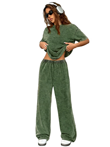 Ensemble décontracté 2 pièces pour femme : pantalon coupe droite et haut à manches courtes, col uni, effet délavé, coupe classique, 100 % coton écologique - Product Image 5