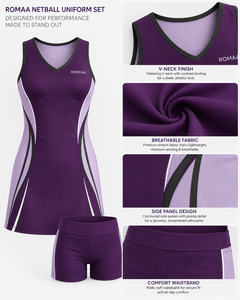 Vestido de Netball Personalizado en Morado Lila y Negro para Mujer, con Pantalones Cortos Interiores, Cuello en V, Uniforme de Equipo, Corte Atlético - Product Image 3