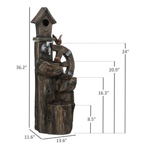 Fontana d'Acqua da Esterno 2 in 1 con Casetta per Uccelli, Luci LED, Pompa e Cascata, Decorazione Ispirata ai Tronchi d'Albero - Product Image 3