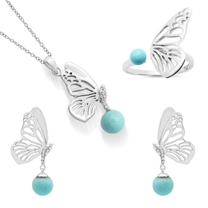 100% Pure 925 Sterling <b>Silver</b> Butterfly Jewelry <b>Set</b> With Turquoise Stone And Diamond Accent For Women Everyday Wear Fine Jewelry - Product Image 3