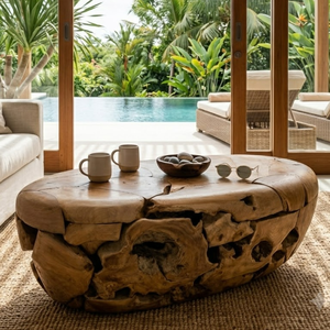 Mesa de Centro ARTERRA de Lujo con Mosaico de Raíz de Teca Ovalada, Base Hueca Única, Mesa de Acento de Madera, Muebles Premium para Resort - Product Image 5