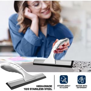 Tergivetro doccia multiuso in acciaio inossidabile con 2 ganci adesivi, strumento per la pulizia del bagno domestico per porte in vetro - Product Image 4