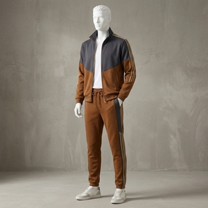 Custom Logo Men Sportswear Set Brown and Grey Color Block Training Suit Breathable Cotton Fleece Jogger Set Wholesale - Product Image 3