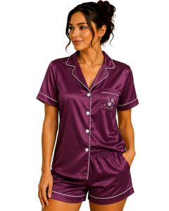 Conjunto de Pijama de Satén Morado Ciruela Personalizado por el Fabricante, Ropa de Dormir de Seda para Mujer, con Bolsillo Bordado, Manga Corta, Conjunto de Ropa de Dormir Suave - Product Image 1