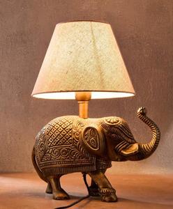 Bronze Elephant Table Lamp with Beige Linen Empire Shade Warm White <b>Light</b> Asian Decorative Style for Living Room - Product Image 1