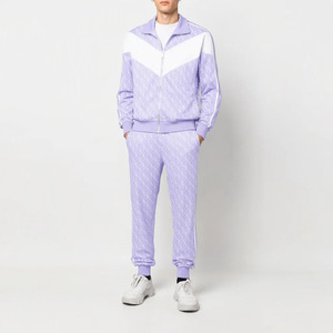 Ensemble de survêtement pour homme, couleur violette, blocs de couleurs, veste zippée à col montant, imprimé intégral, tenue sportive deux pièces - Product Image 5